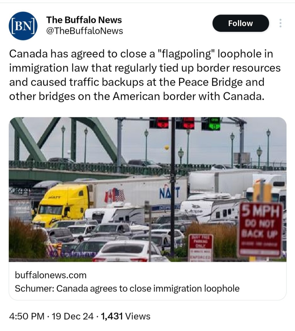 Canada has agreed to close a “flagpoling” loophole in immigration law that regularly tied up border resources and caused traffic backups at the Peace Bridge and other bridges on the American border with&nbsp;Canada.